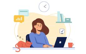 Imagem em desenho mostra uma mulher trabalhando em frente a um notebook, em home office