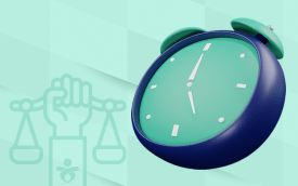 Arte composta de um relógio em ponteiro marando 5 horas e um ícone de um punho com o logo do sindicato, segurando uma balança