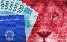 Imagem de uma carteira de trabalho em primeiro plano, junto com notas de real, e um leão como fundo
