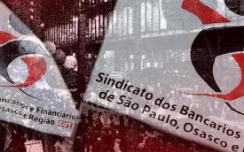 Imagem de bandeiras do Sindicato, sobrepostas com uma imagem de uma manifestação na Avenida Paulista