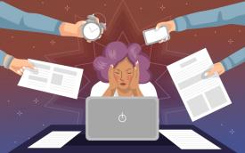 Ilustração de uma trabalhadora, em frente a um laptop, com as mãos no rosto, em desespero, enquanto quatro mão a demandam por mais tarefas