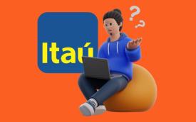 Ilustração de um jovem bancário, sentado em um puff, com expressão confusa, em fundo laranja com o logotipo do Itaú