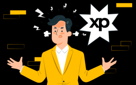 Ilustração de um bancário enfurecido, com o logo da XP ao lado