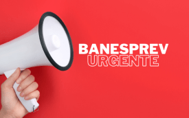 Uma mão segurando um megafone, em fundo vermelho, com os dizeres "Banesprev. Urgente"