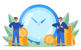 Ilustração de um relógio, com dois trabalhadores ao lado, e moedas.