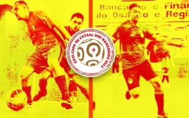 Imagem de partidas de futsal, em tons de amarelo, acompanhadas do logo da XXVI Copa de Futsal dos Bancários