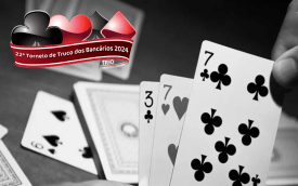 Imagem de cartas de baralho, acompanhas do logotipo 22º Torneio de Truco em Trios dos Bancários