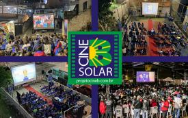 Montagem composta de quatro fotos de exibições de edições do CineB Solar. Ao centro, o logo do projeto