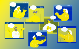 Arte em desenho nas cores azul e amarela composta por figuras humanas dentro de diversas telas, simbolizando uma reunião virtual, como a realizada entre o Sindicato dos Bancários de São Paulo, Osasco e região e a diretoria da PSO, do Banco do Brasil