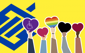Cinco punhos erguidos segurando corações, um púrpura com o símbodo dos PCDs, um vermelho, um com as cores do arco-íris, representando a diversidade, um negro e um marrom. Ao fundo, o logo do Banco do Brasil