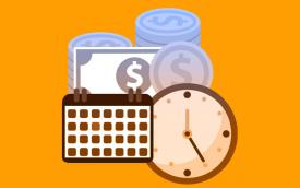 Arte em desenho com fundo laranja composta por um relógio de ponteiro, um calendário e uma cédula de dinheiro