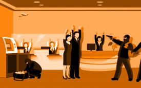 Arte em desenho com filtro laranja mostra um assalto a uma agência bancária, com vários bandidos armados rendendo clientes e bancários