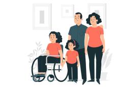 Arte em desenho mostra quatro pessoa, duas de pé, uma em uma cadeira de rodas e uma criança