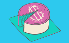 Arte em desenho mostra um bolo partido, faltando um pedaço, e com um cifrão na parte de cima