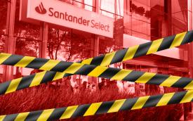 Arte mostra fachada do Santander com faixas na frente, representando acesso proibido