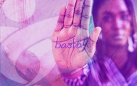 Arte na cor violeta composta pelo logo do Sindicato dos Bancários de São Paulo, Osasco e região, à direita, e por uma mulher negra com palma da mão aberta, onde se lê a palavra "Basta!"
