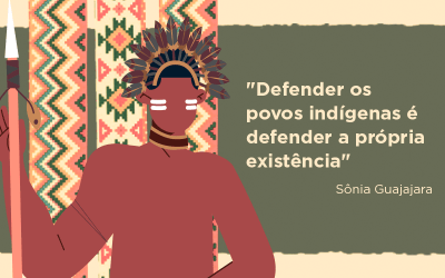Ilustração de um indígena, acompanhado da frase: defender os povos indígenas é defender a própria existência