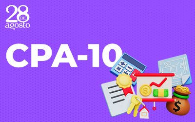 A palavra CPA-10, em fundo roxo, acompanhada de ícones de calculadora, planilhas e gráficos