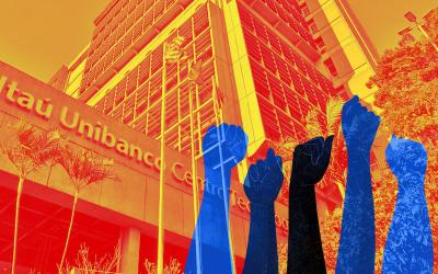 Arte com filtro laranja composta por uma imagem da fachada do Centro Tecnológico do Itaú ao fundo e, em primeiro plano, desenhos de punhos erguidos em diferentes tons de azul