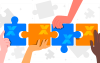 Arte em desenho composta de peças de quebra-cabeça uma ao lado da outra, com as cores azul e laranja cada uma, e o "X" do logo da Caixa em cada uma delas