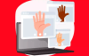Arte em desenho com fundo vermelho e um computador em cuja telas se projetam outras telas com palmas de mão em cada uma