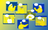 Arte em desenho nas cores azul e amarela composta por figuras humanas dentro de diversas telas, simbolizando uma reunião virtual, como a realizada entre o Sindicato dos Bancários de São Paulo, Osasco e região e a diretoria da PSO, do Banco do Brasil