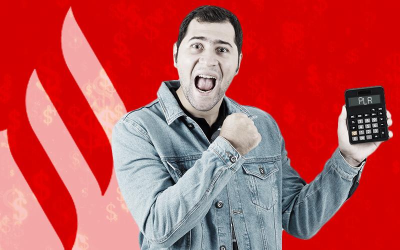Arte do simulador da PLR 2023 do Santander, composta de um homem segurando uma calculadora, e o logo do santander