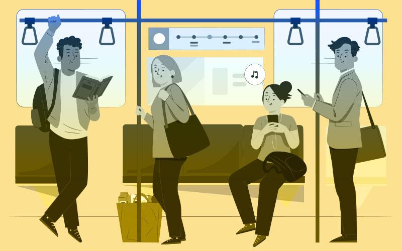 Imagem em desenho mostra pessoas dentro de um transporte coletivo, com semblantes feliz