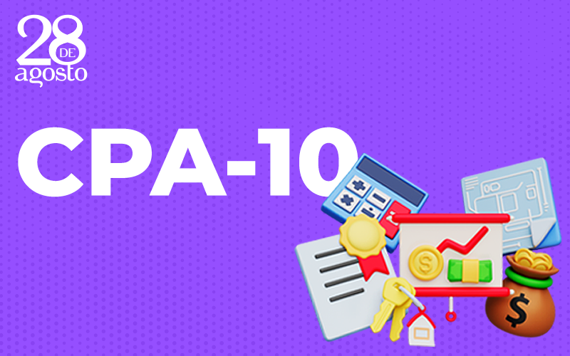 Divulgação A palavra CPA-10, em fundo roxo, acompanhada de ícones de calculadora, planilhas e gráficos