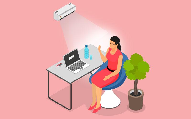 Imagem: Freepik Ilustração de uma bancária sentada, com um ar-condicionado funcionando