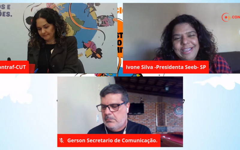 A presidenta da Contraf-CUT, Juvandia Moreira (esquerda), a presidenta do Sindicato dos Bancários de São Paulo, Ivone Silva, e o secretário de Imprensa da Contraf-CUT, Gerson Carlos Pereira