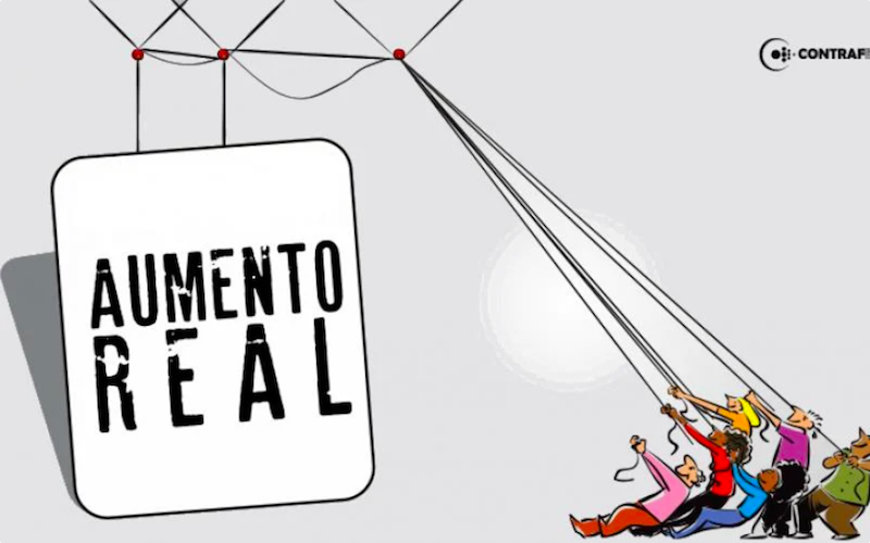 Arte: Contraf/CUT Ilustração sobre a conquista do aumento real pela categoria