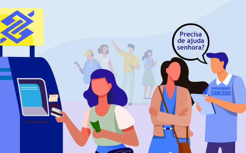 Imagem: Freepik Ilustração que mostra um correspondente bancário na fila do autoatendimento