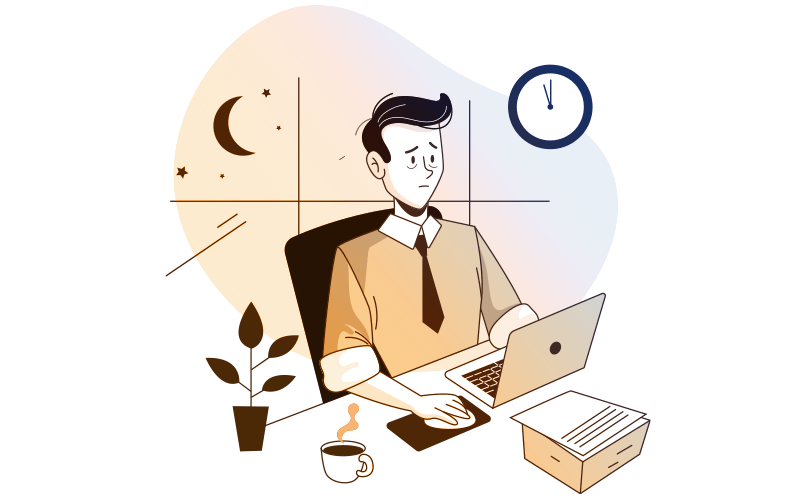 Desenho simboliza empregado da Caixa trabalhando à noite, com cara de cansado