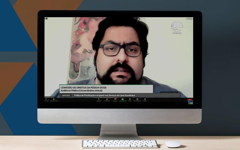 Montagem: Linton Publio Imagem da participação de Dionísio Reis, empregado da Caixa e diretor do Sindicato, em audiência pública da Comissão dos Direitos da Pessoa Idosa da Câmara dos Deputados