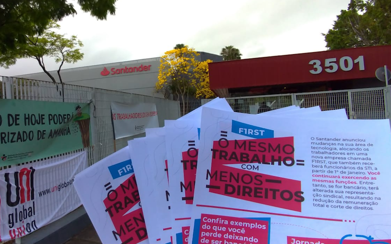 Foto: Seeb/SP Imagem do folheto distribuído aos trabalhadores do Geração Digital, com o prédio do GD1 ao fundo