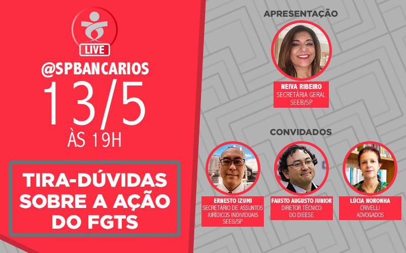 Arte: Linton Publio Informações sobre a live que abordará a ação coletiva que o Sindicato move para alterar o fator de correção do FGTS