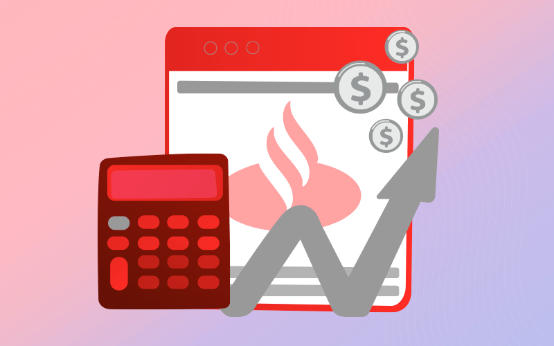 Calculadora para representar simulação da PLR Santander 2021, junto com o logo do banco, moedas e um gráfico simbolizando crescimento