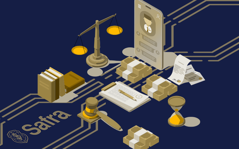 Desenho com logo do safra, balança e martelo de justiça, dinheiro em cédulas e moeda, e um tablet