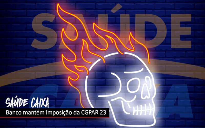 Imagem: Contraf-CUT Imagem de uma caveira com o logo do Saúde Caixa ao fundo