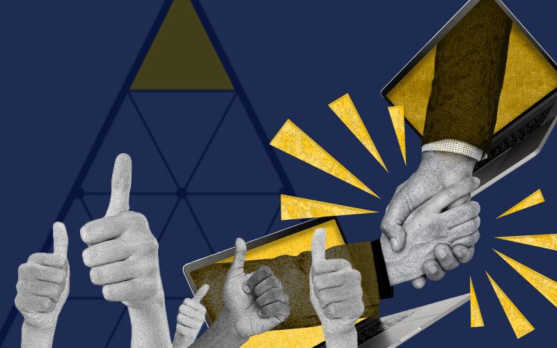 Montagem: Linton Publio Ilustração com aperto de mãos, e o logotipo do Grupo Alfa ao fundo