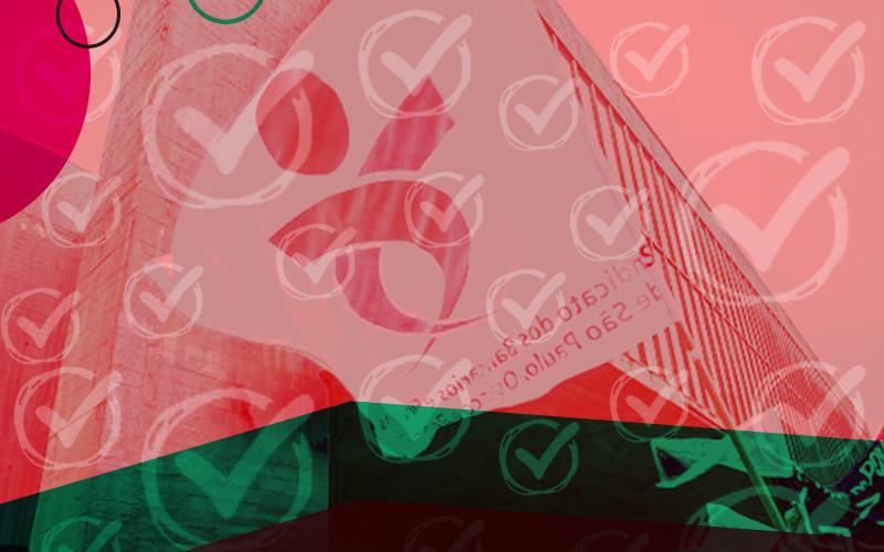 Montagem: Linton Publio Bandeira do Sindicato acompanha de símbolos de aprovação
