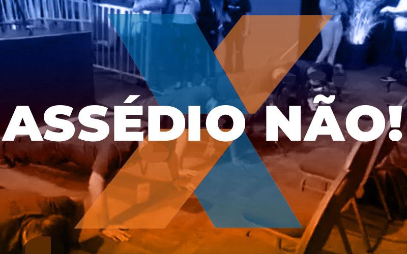 Montagem: Fabiana Tamashiro Foto do evento Nação Caixa, acompanhada do logo da Caixa e dos dizeres "assédio não"