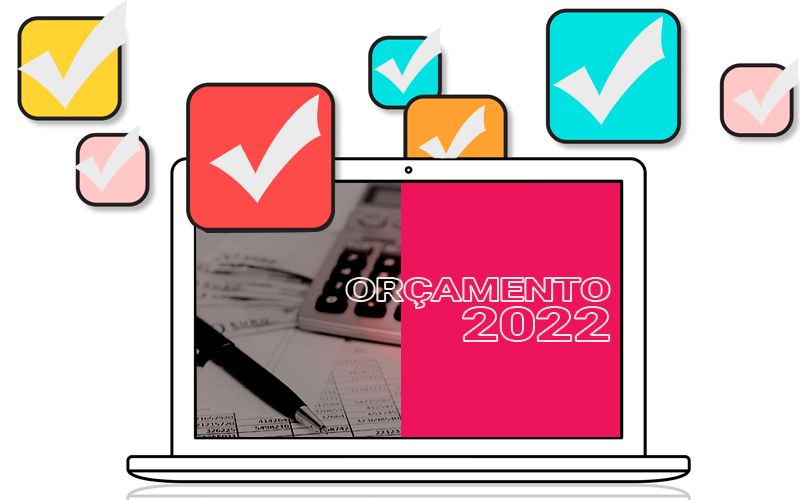 Montagem: Fabiana Lumi (Seeb-SP) Arte com imagem de uma calculadora, por cima da imagem se lê: Orçamento 2022
