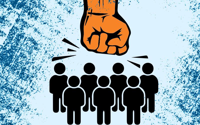 Montagem: Linton Publio Imagem de um punho esmagando os trabalhadores, remetendo aos ataques aos fundos de pensão das empresas públicas