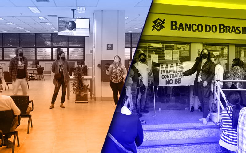Montagem: Fabiana Lumi (Seeb-SP) Montagem com fotos dos atos na Caixa e no BB