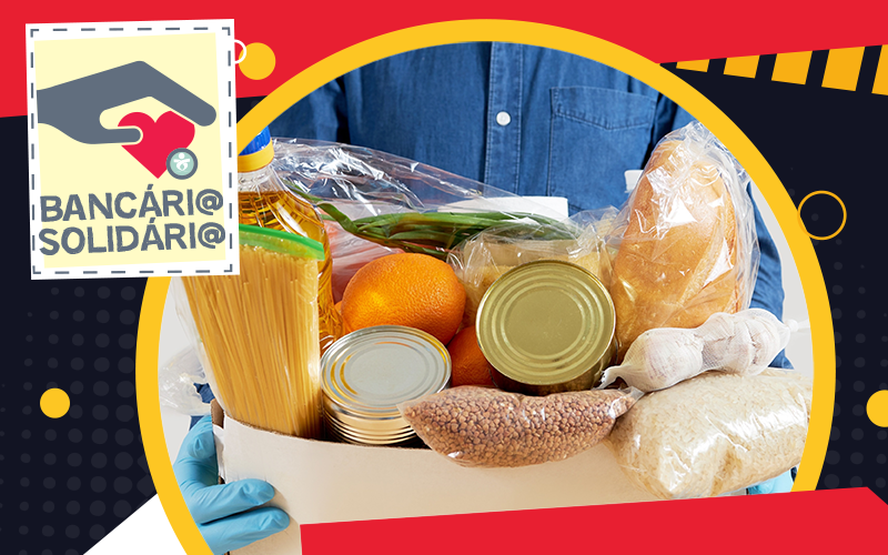 Montagem: Linton Publio Imagem de uma cesta alimentação, acompanhada do logo da Campanha Bancário Solidário