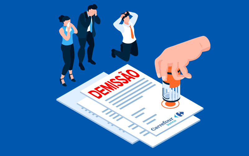 Desenho representa três trabalhadores do Banco Carrefour em atitude de desespero, sendo demitidos, em frente a uma carta de demissão em tamano gigante, com o logo do carrefour, e uma mão carimbando o documento