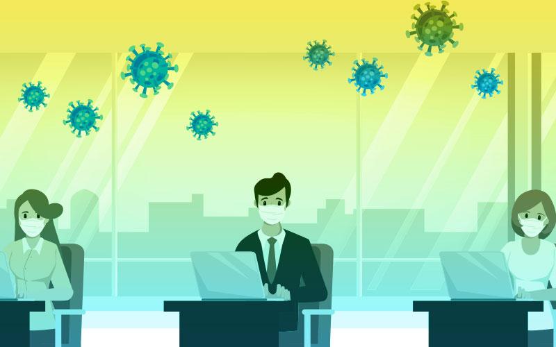 Arte em desenho nas cores amarelo e azul mostra três trabalhadores sentados em mesas com computadores, dentro de um escritório infestado por vírus
