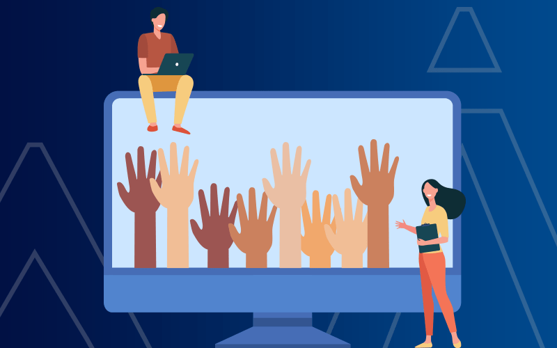 arte com fundo azuk composta por uma tela de computador cuja tela mostra braços erguidos, representando os empregados do Banco Master que aprovaram o acordo coletivo de trabalho sobre programa próprio de resultados (PPR)
